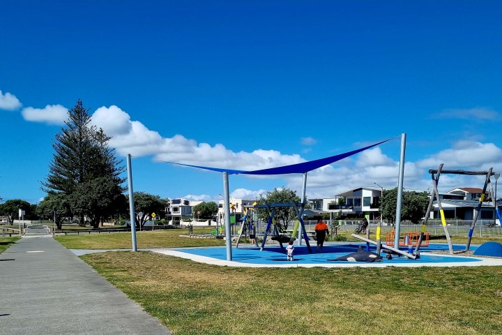 Playground with swings and shade, clear sky, and nearby houses.