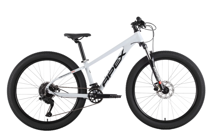 White mountain bike with black wheels and 'apex' logo on frame, side view.