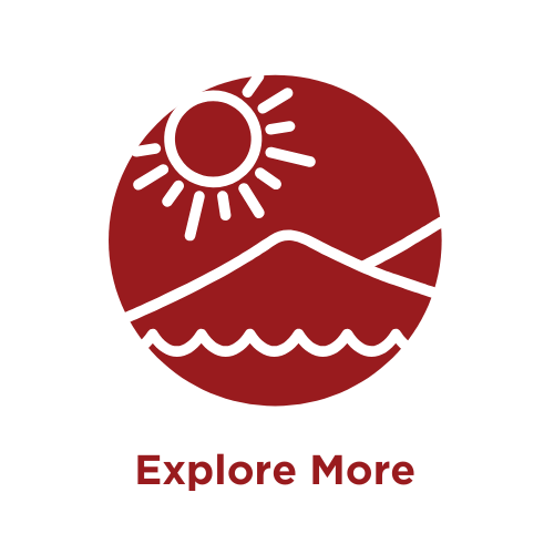 Red circle with sun, mountain, wave icons and text 'Explore More' below for Napier City Bike Hire & Tours.